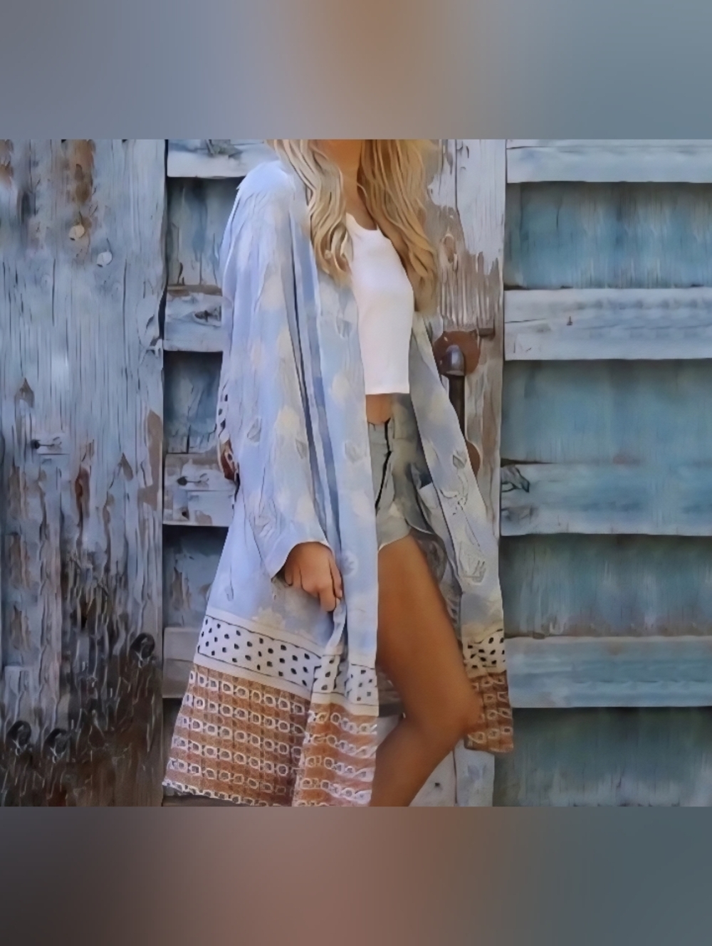 Angie Light Blue & Tan Boho Duster Kimono Below Knee Summer Beach Cover Up